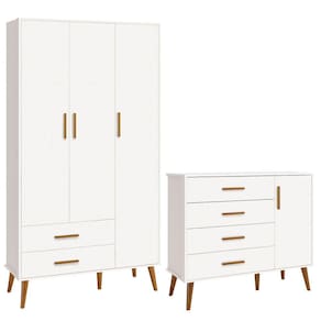 Comoda Sapateira e Guarda Roupa Isis Retrô 3 Portas 2 Gavetas Branco Fosco - Reller