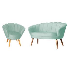 Kit Namoradeira + 1 Poltrona Decorativa Pétala Veludo Acqua Pés Madeira Ms Decor