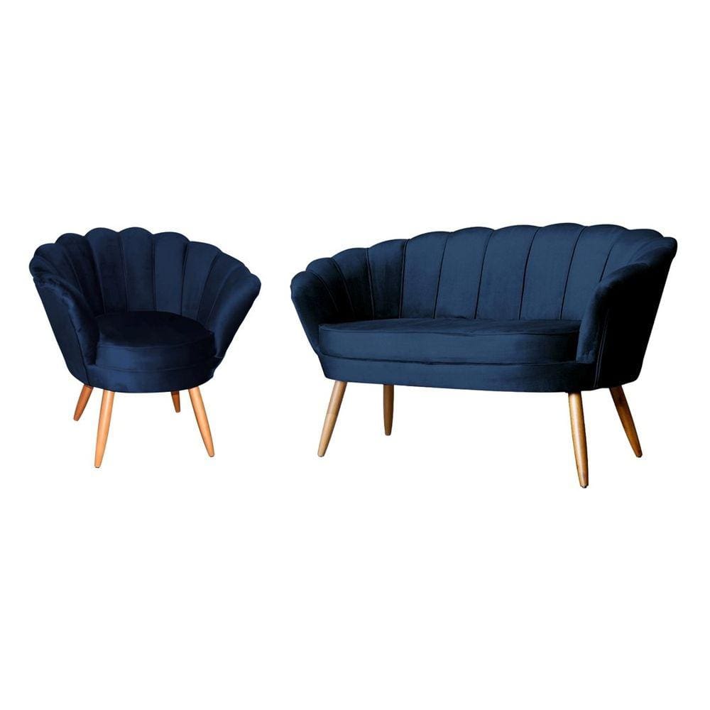 Kit Namoradeira + 1 Poltrona Decorativa Pétala Veludo Azul Marinho Pés Madeira Ms Decor