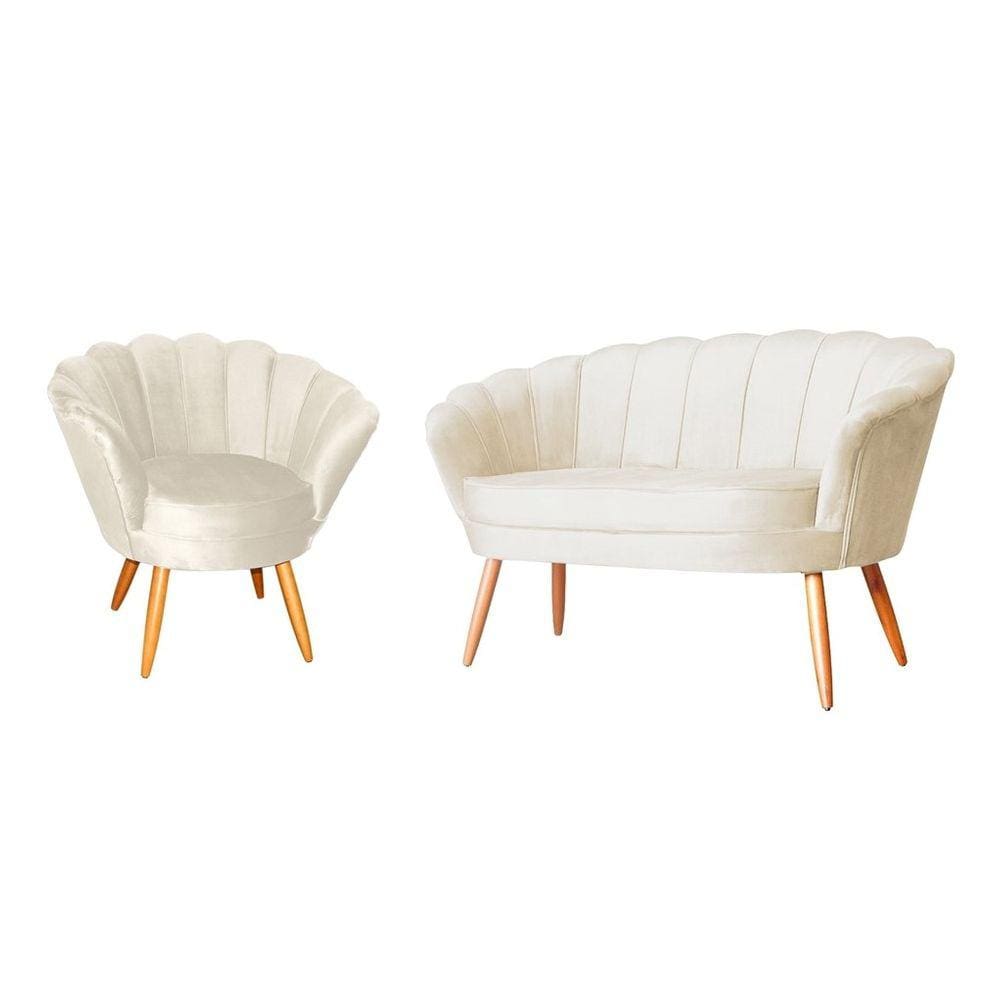 Kit Namoradeira + 1 Poltrona Decorativa Pétala Veludo Bege Pés Madeira Ms Decor