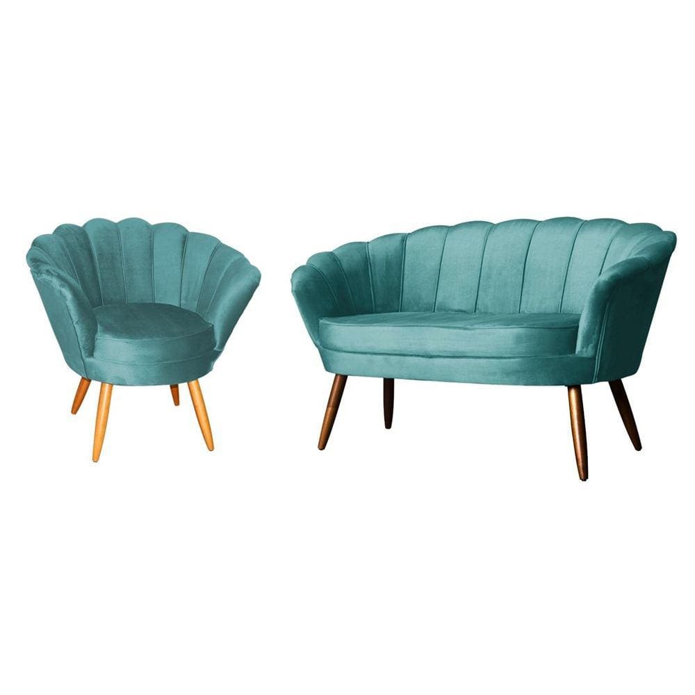 Kit Namoradeira + 1 Poltrona Decorativa Pétala Veludo Azul Tiffany Pés Madeira Ms Decor