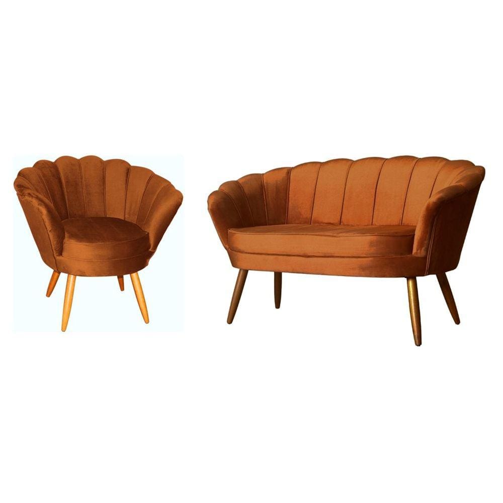 Kit Namoradeira + 1 Poltrona Decorativa Pétala Veludo Terracota Pés Madeira Ms Decor