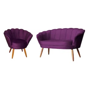 Kit Namoradeira + 1 Poltrona Decorativa Pétala Veludo Roxo Pés Madeira Ms Decor