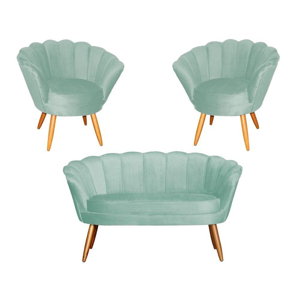 Kit Namoradeira + 2 Poltronas Decorativa Pétala Veludo Acqua Pés Madeira Ms Decor