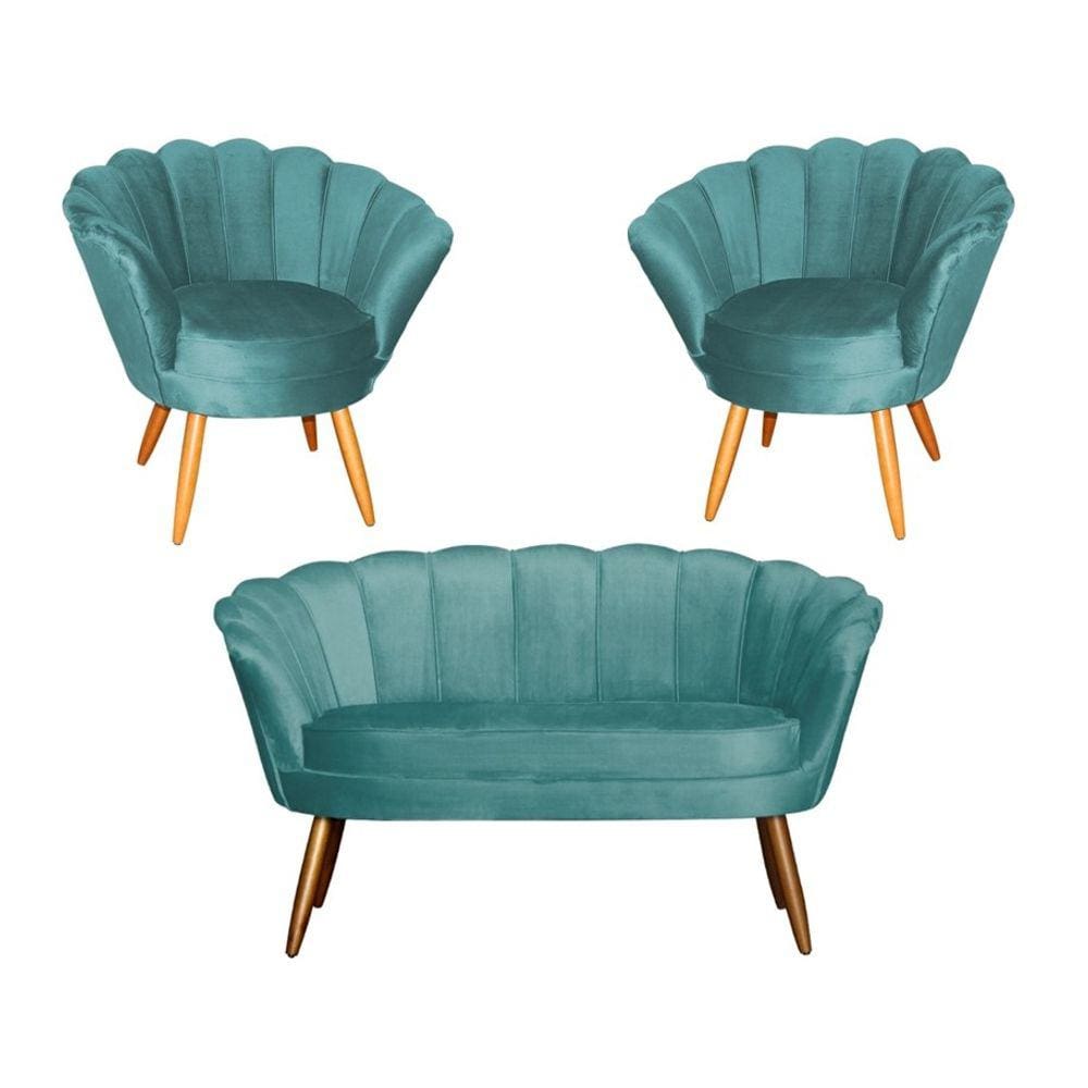 Kit Namoradeira + 2 Poltronas Decorativa Pétala Veludo Azul Tiffany Pés Madeira Ms Decor