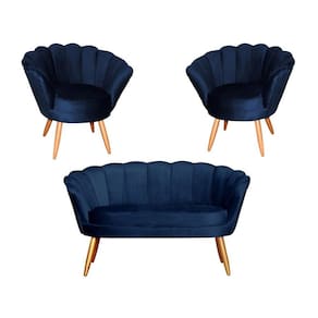 Kit Namoradeira + 2 Poltronas Decorativa Pétala Veludo Azul Marinho Pés Madeira Ms Decor