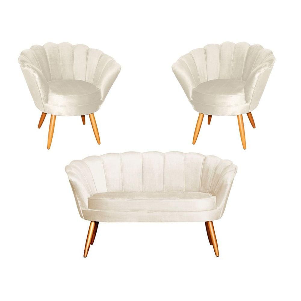 Kit Namoradeira + 2 Poltronas Decorativa Pétala Veludo Bege Pés Madeira Ms Decor