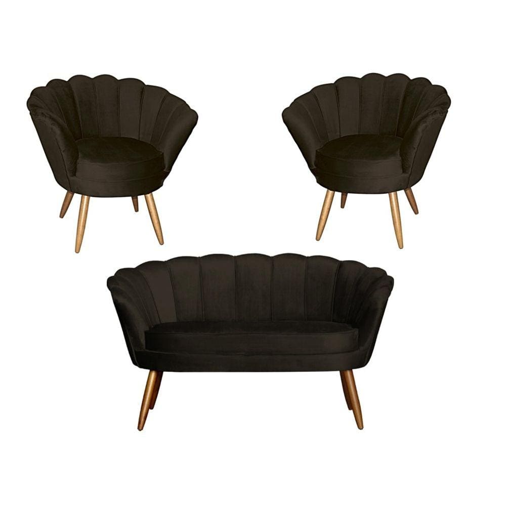 Kit Namoradeira + 2 Poltronas Decorativa Pétala Veludo Marrom Pés Madeira Ms Decor