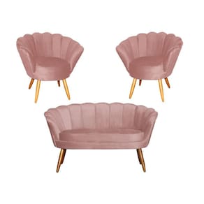 Kit Namoradeira + 2 Poltronas Decorativa Pétala Veludo Rosa Pés Madeira Ms Decor