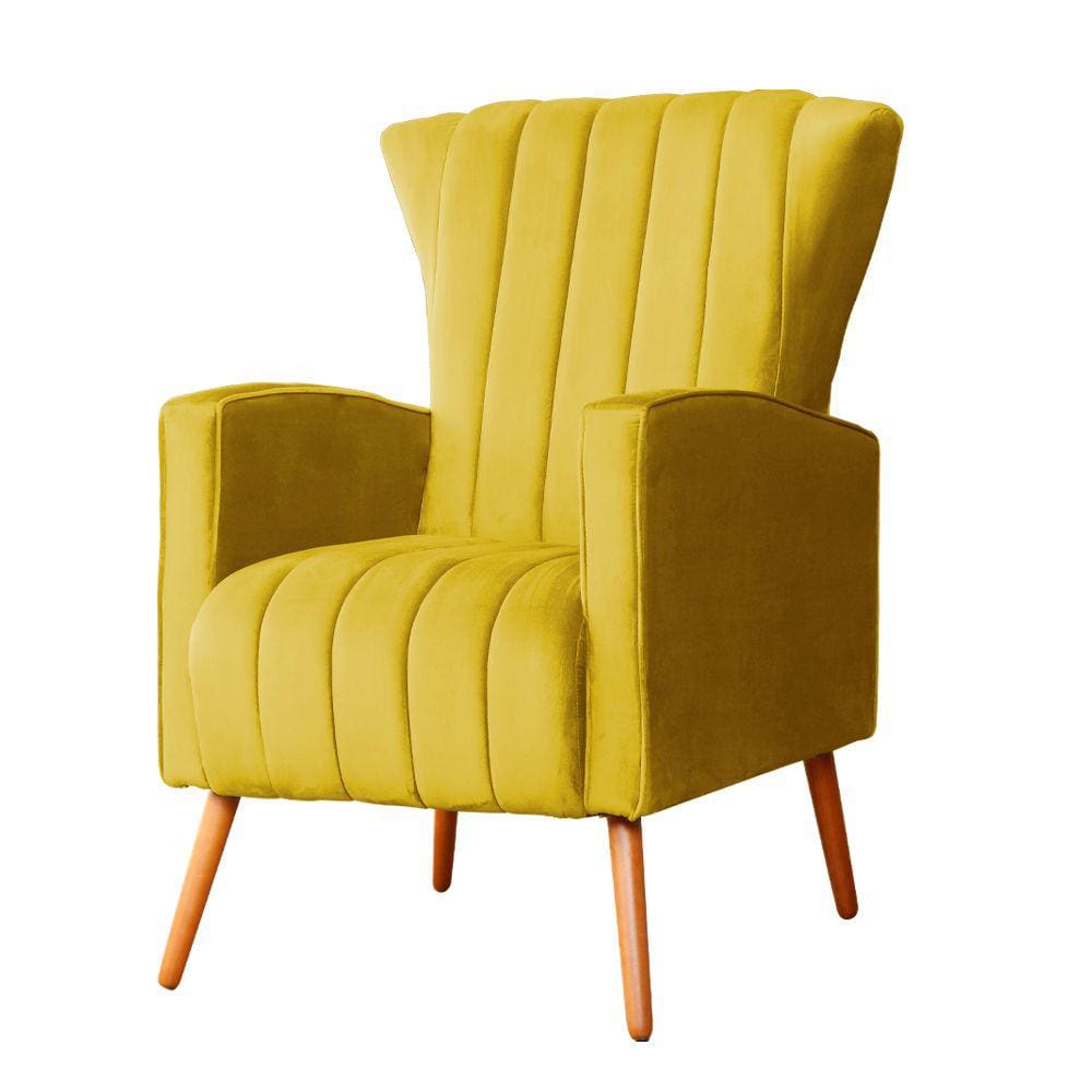 Poltrona Decorativa Melinda Veludo Amarelo Pés Madeira Ms Decor