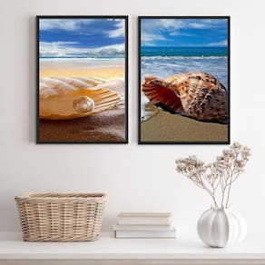 Kit 2 Quadros Praia Mar Conchas 33x24cm - Madeira Preta
