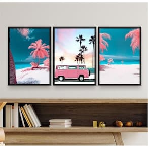 Kit 3 Quadros Decorativos Praia Kombi Rosa 24x18cm - Branca