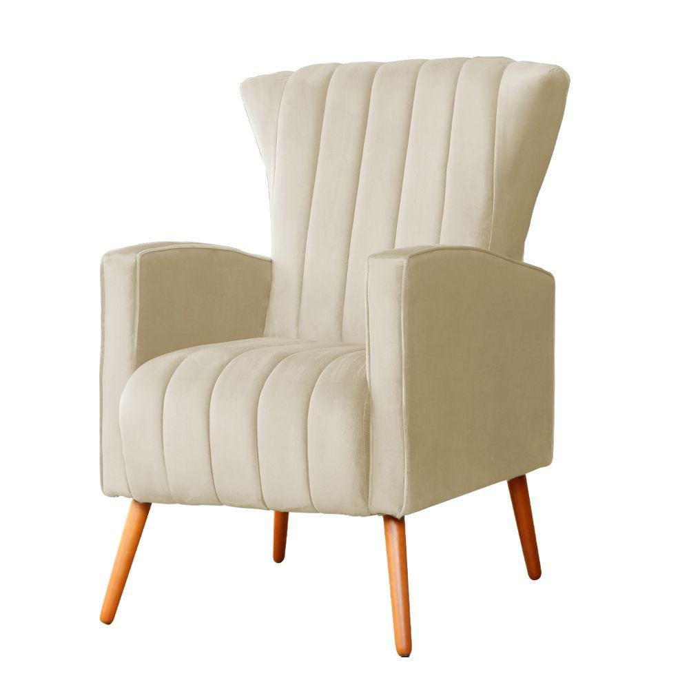 Poltrona Decorativa Melinda Veludo Bege Pés Madeira Ms Decor
