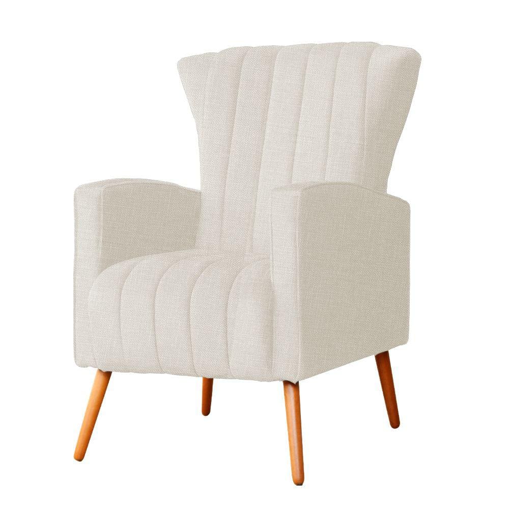 Poltrona Decorativa Melinda Linho Bege Pés Madeira Ms Decor