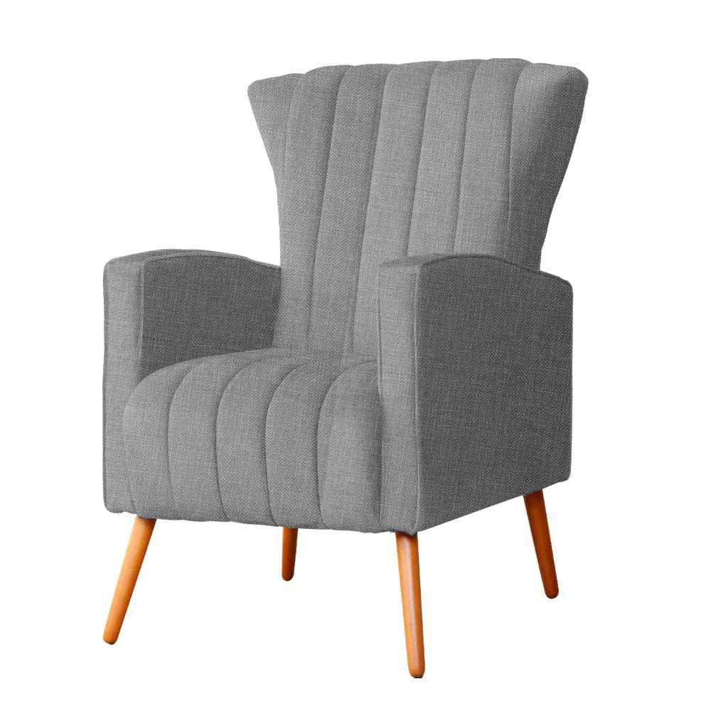 Poltrona Decorativa Melinda Linho Cinza Pés Madeira Ms Decor