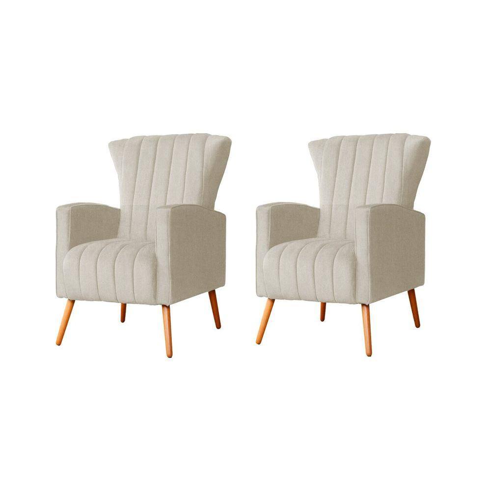 Kit 2 Poltronas Decorativa Melinda Suede Bege Pés Madeira Ms Decor