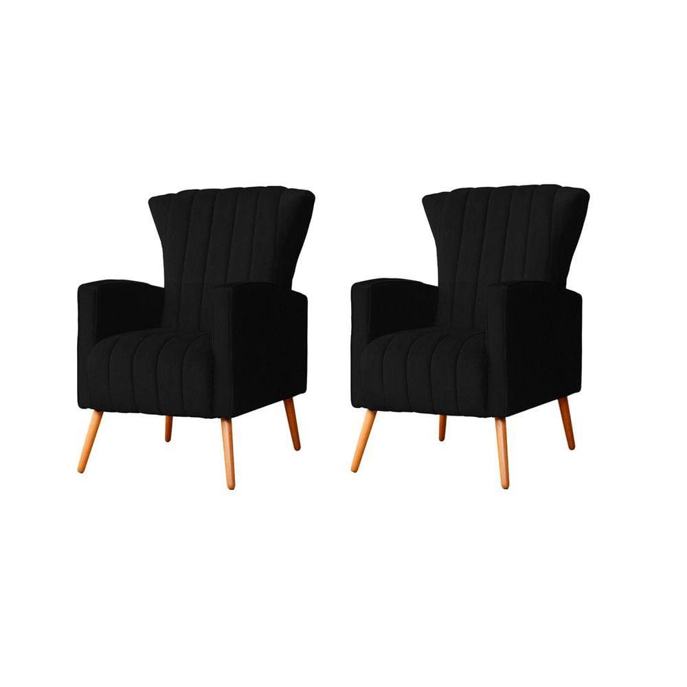 Kit 2 Poltronas Decorativa Melinda Suede Preto Pés Madeira Ms Decor