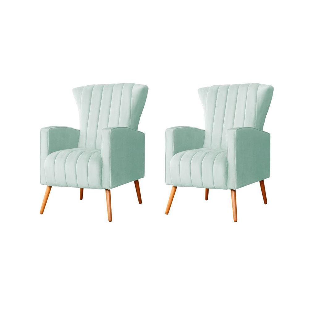 Kit 2 Poltronas Decorativa Melinda Veludo Acqua Pés Madeira Ms Decor