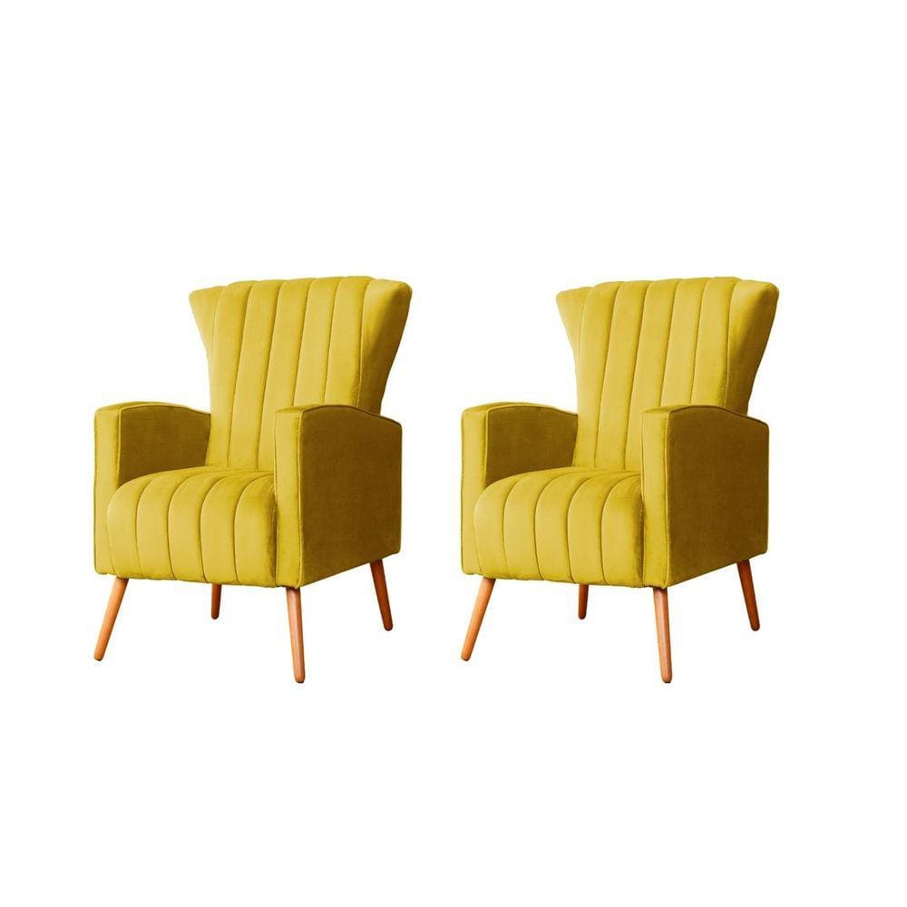 Kit 2 Poltronas Decorativa Melinda Veludo Amarelo Pés Madeira Ms Decor