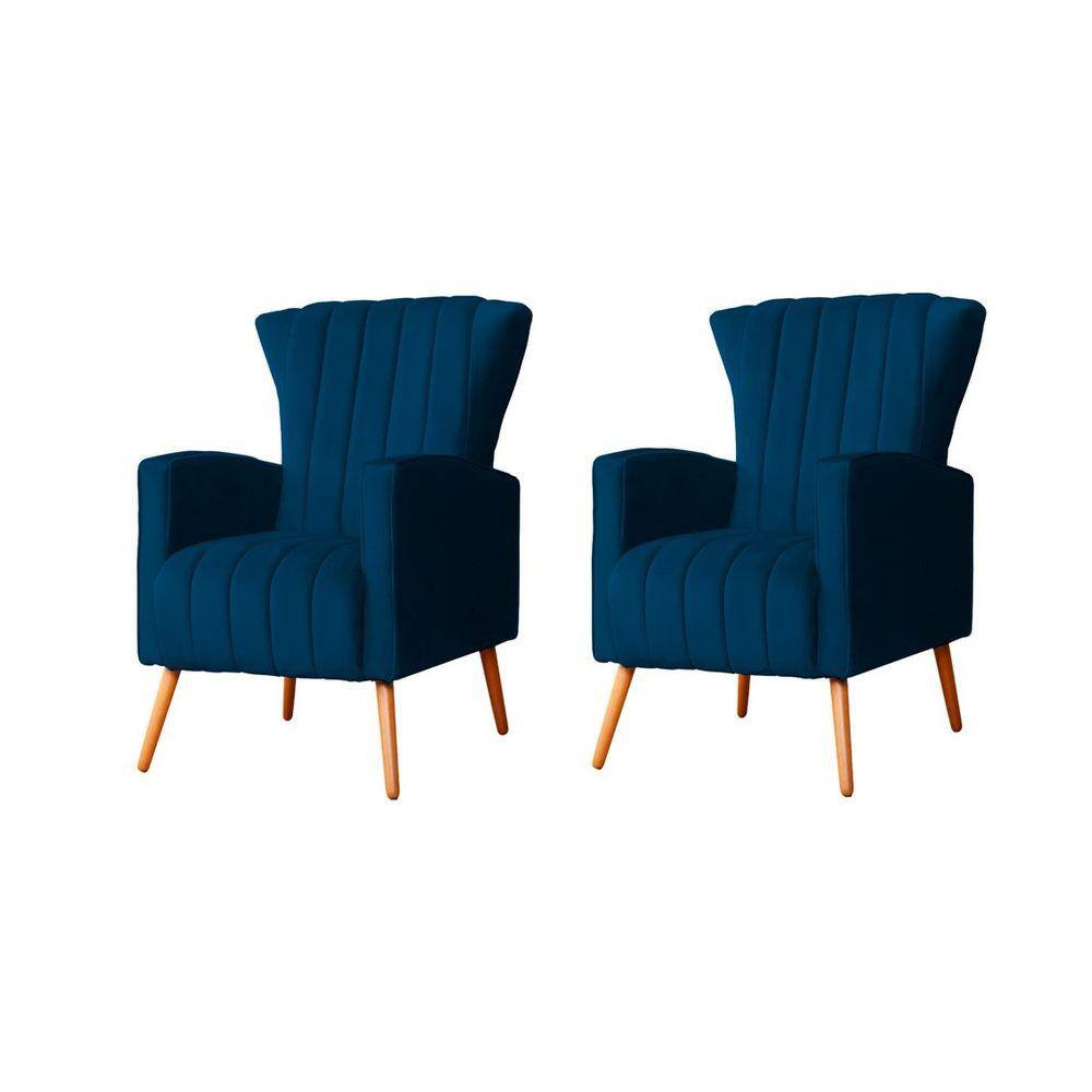 Kit 2 Poltronas Decorativa Melinda Veludo Azul Marinho Pés Madeira Ms Decor