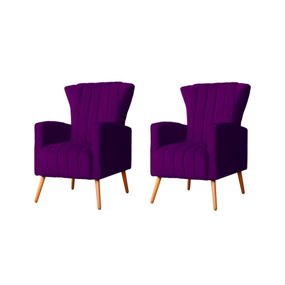 Kit 2 Poltronas Decorativa Melinda Veludo Roxo Pés Madeira Ms Decor