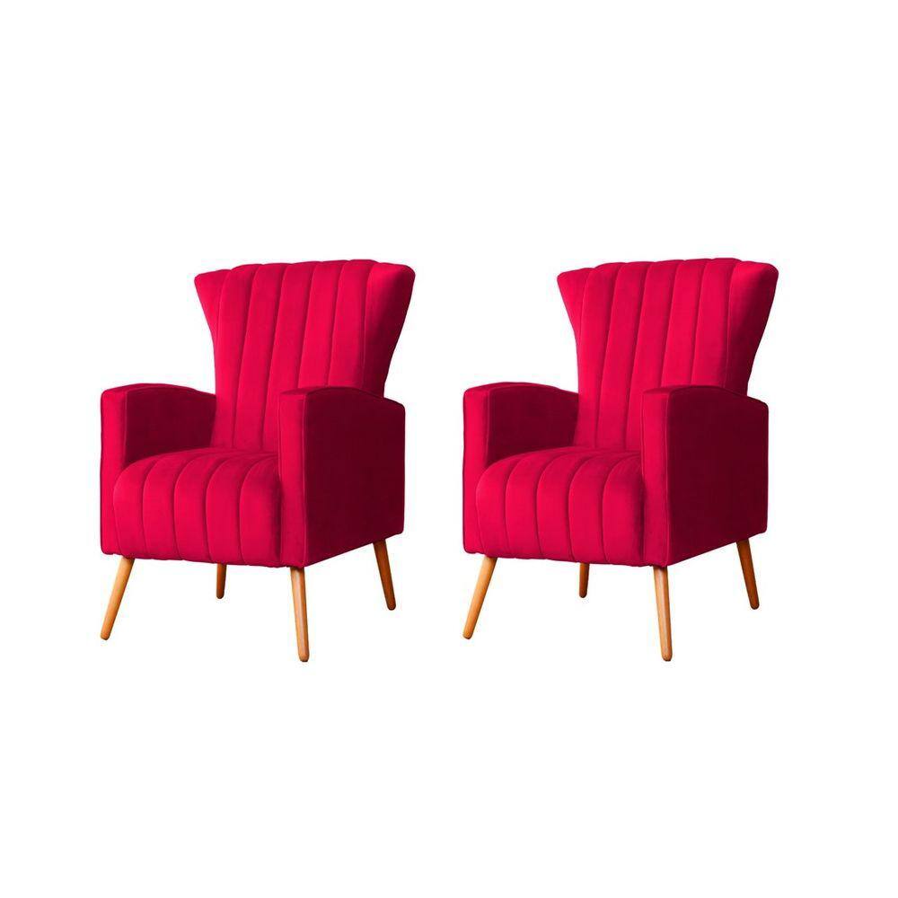 Kit 2 Poltronas Decorativa Melinda Veludo Vermelho Pés Madeira Ms Decor