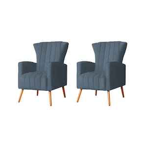 Kit 2 Poltronas Decorativa Melinda Linho Azul Marinho Pés Madeira Ms Decor