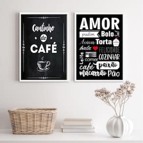 Kit 2 Quadros Café Amor Cozinha 45x34cm - Madeira Branca