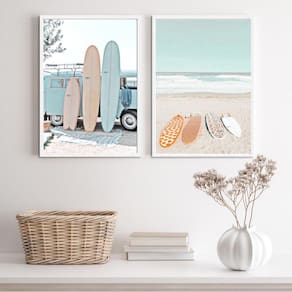 Kit 3 Quadros Praia Soft Surf 33x24cm - Madeira Branca