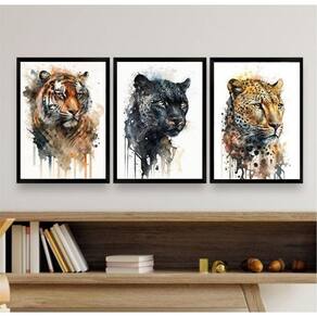Kit 3 Quadros Felinos Aquarela Tigre Onça Pantera 33x24cm