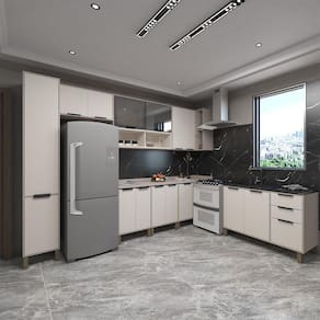 Cozinha Modulada Completa 8 Peças Paneleiro e Aéreo com Vidro e Tampos Reflecta Stylo Luciane Móveis