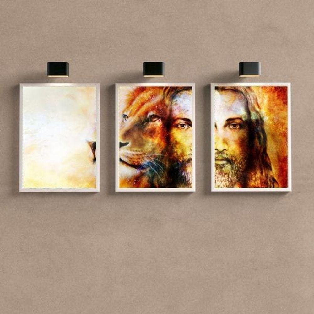 Kit 3 Quadros Decorativos Jesus e Leão 33x24cm