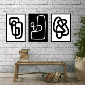 Kit 3 Quadros Minimalistas Preto/Branco 45x34cm Madeira