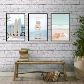Quadros Decorativos Praia Relax 33x24cm - Kit 3 - Vidro