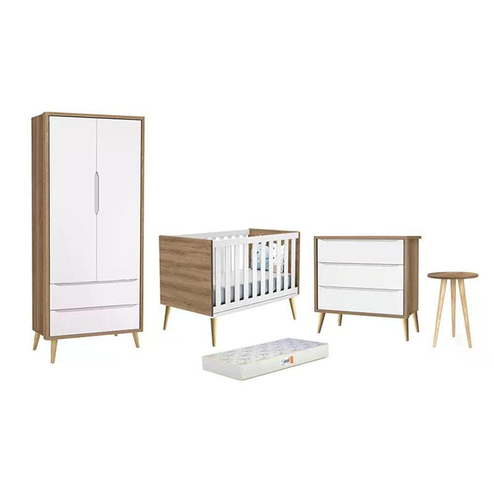 Dormitório Theo 2 Portas, Mesa de Canto com Pés Madeira Natural e Colchão D18 - Reller Móveis