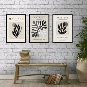 Kit 3 Quadros Folhas Matisse 33x24cm - Vidro e Moldura Preta
