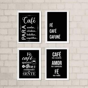 Kit 4 Quadros Cantinho Café com Fé 24x18cm Preto