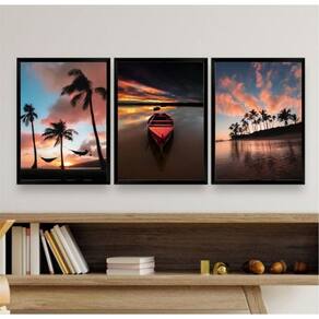 Kit 3 Quadros Sala Por do Sol Praia 33x24cm - Vidro Preto