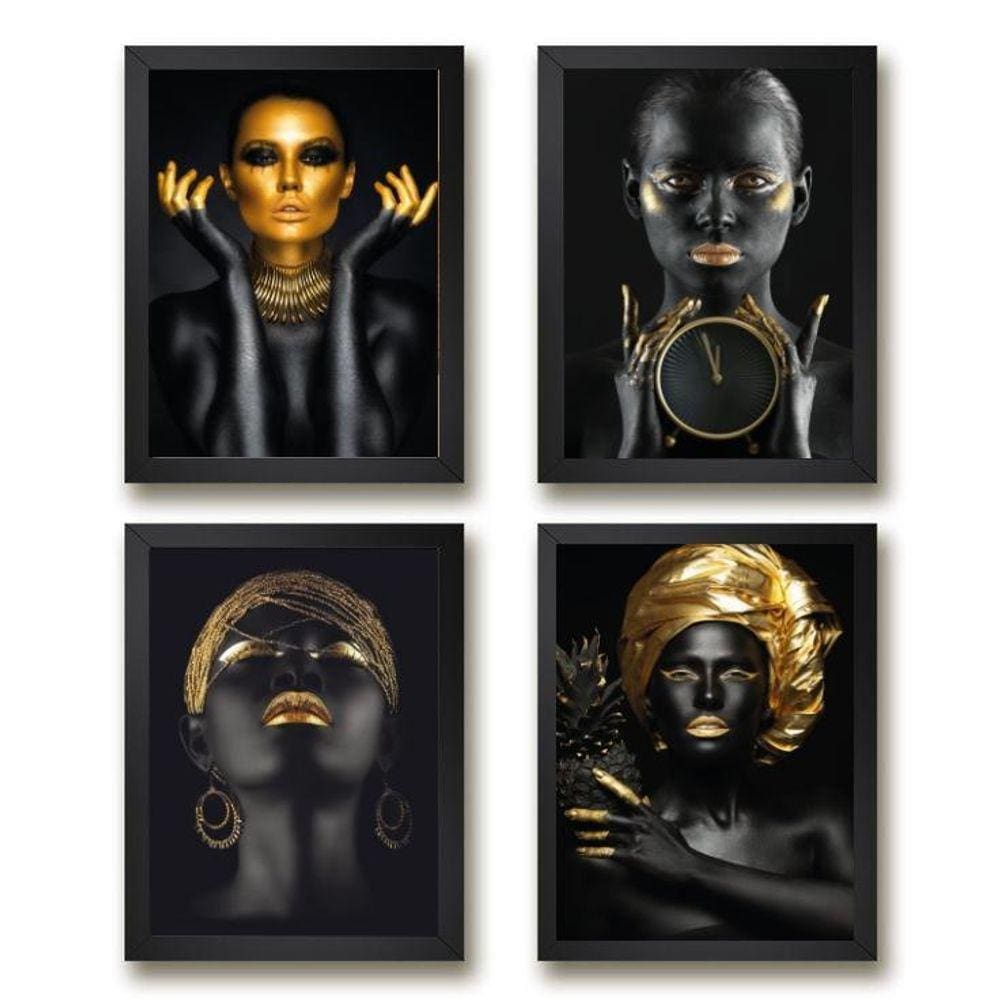 Kit 4 Quadros Mulheres Preto/Dourado 24x18cm Madeira Branca