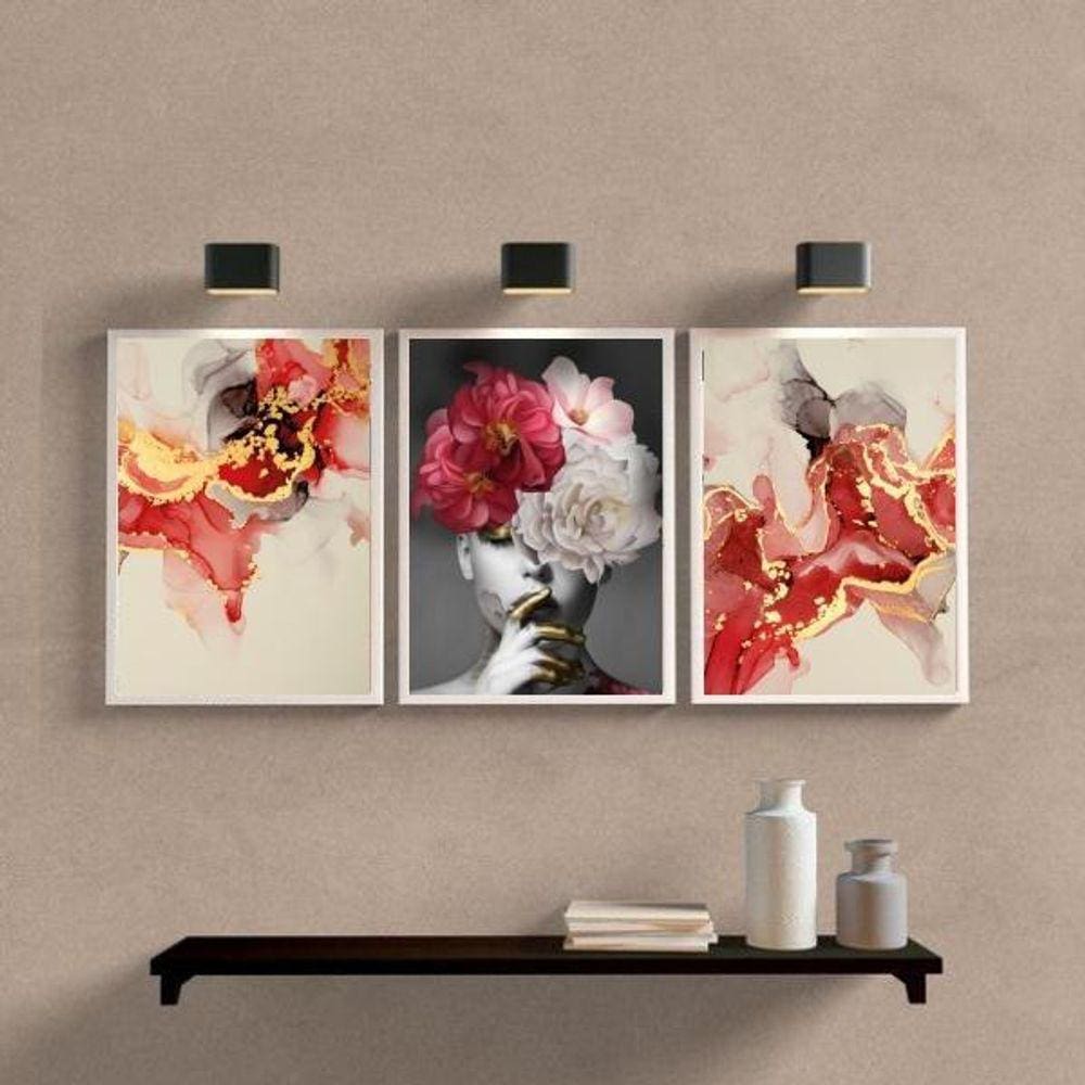 Kit 3 Quadros Abstrato Mulheres 45x34cm - Madeira Branca