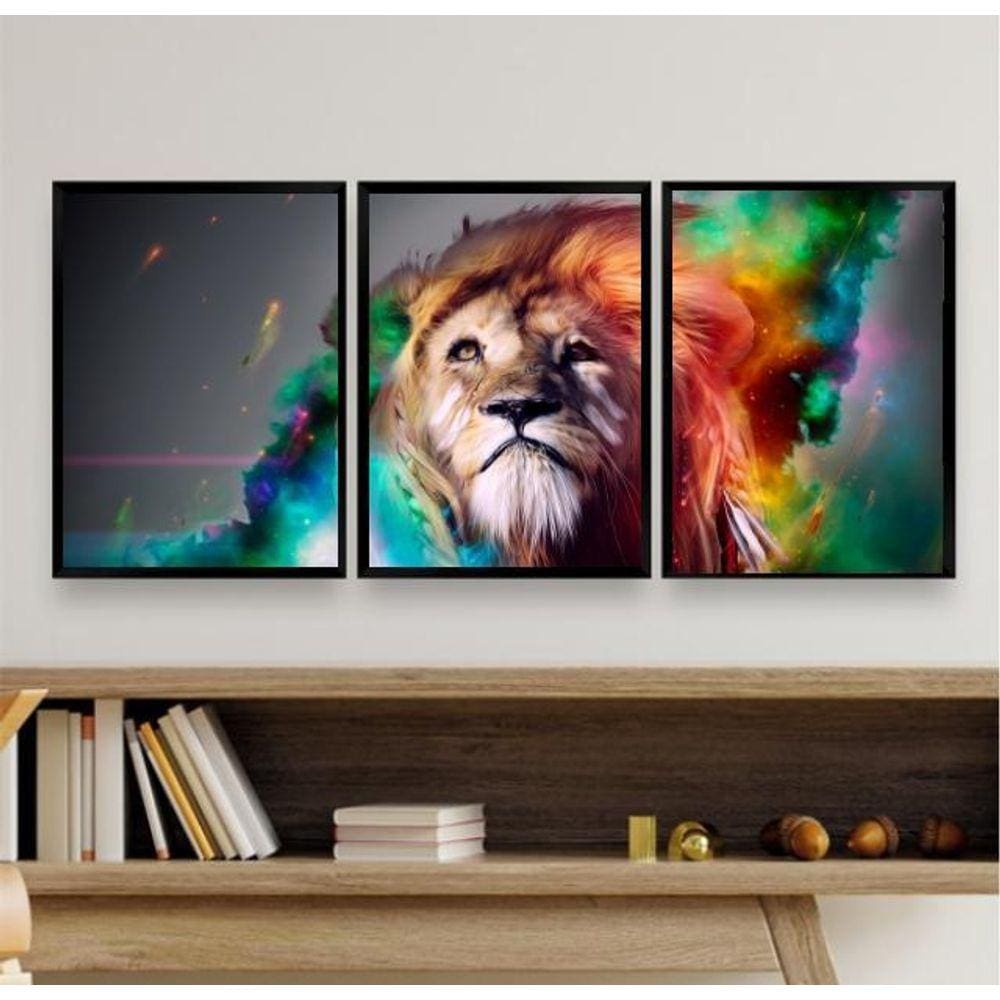 Kit 3 Quadros Leão Juba Colorida 24x18cm - Madeira Branca