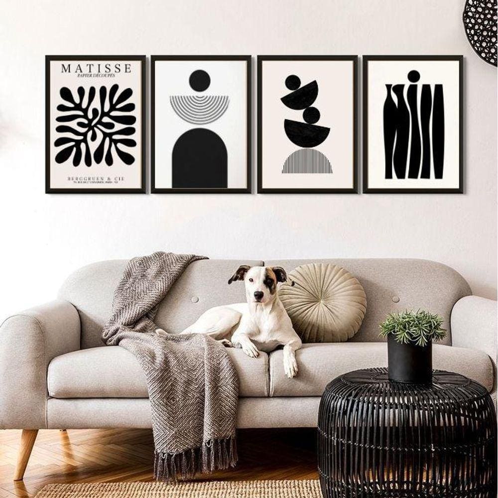 Kit 4 Quadros Abstratos Preto/Branco Matisse 33x24cm - Vidro