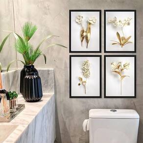 Kit 4 Quadros Flores Brancas Dourado 33x24cm Moldura Preta
