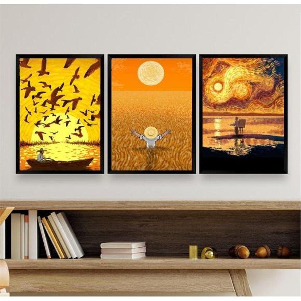 Kit 3 Quadros Amarelos Vida Van Gogh 24x18cm Moldura Preta