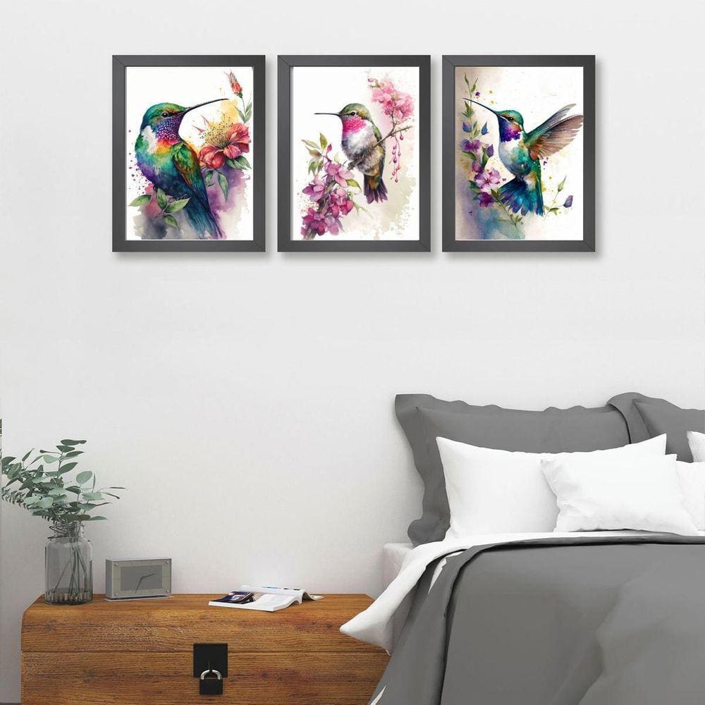 Kit 3 Quadros Aquarelas Beija-Flores 33x24cm Madeira Preta