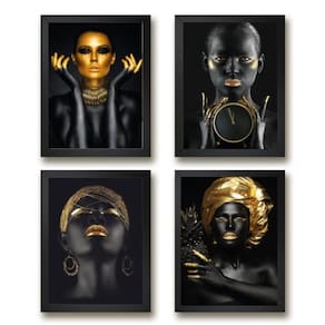 Kit 4 Quadros Mulheres Preto/Dourado 33x24cm - Madeira