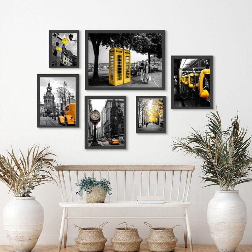 Kit 6 Quadros Fotos Cidades Amarelo 18x24cm 24x33cm 33x45cm