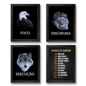 Kit 4 Quadros Motivacionais 45x34cm c/ Vidro e Moldura Preta