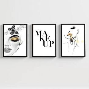 Kit 3 Quadros Maquiagem 33x24cm - Vidro e Moldura Preta