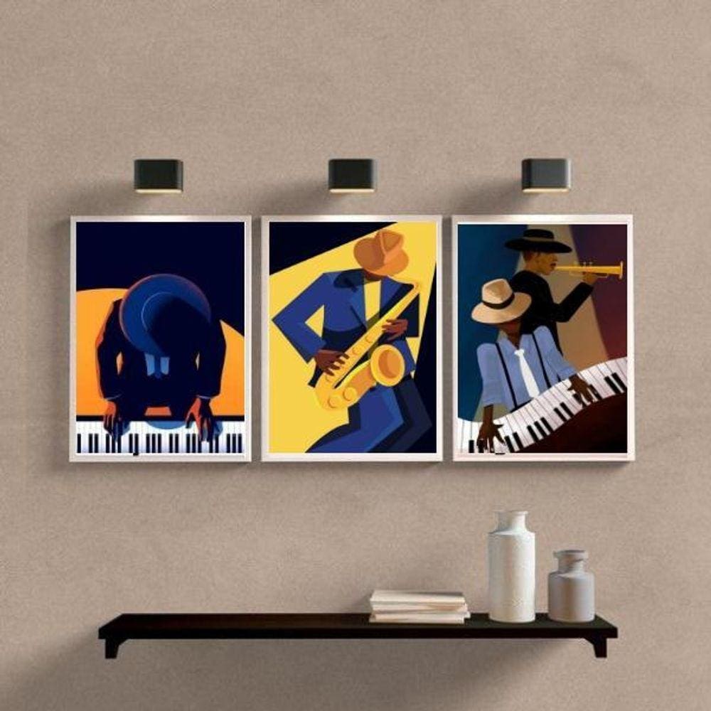 Kit 3 Quadros Músicos Piano/Saxofone 33x24cm - Madeira Preta